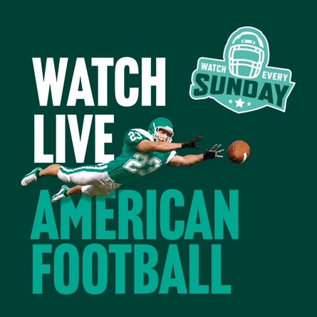 Promotional graphic for live American football featuring the text “Watch Live American Football” and “Watch Every Sunday” on a dark green background. An American football player in a green and white uniform dives forward to catch a football, with a helmet-themed logo displayed alongside the text.