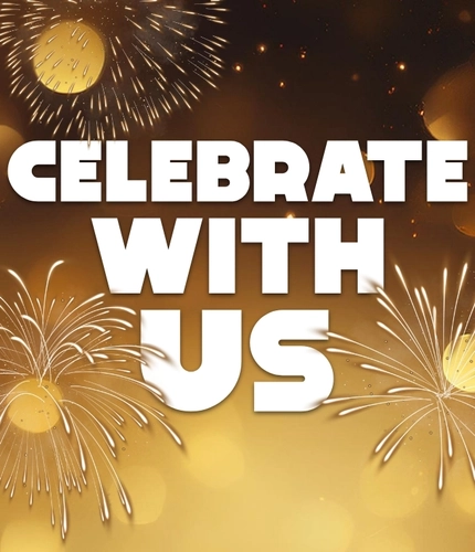 A graphic that says 'Celebrate with us'.