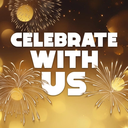 A graphic that says 'Celebrate with us'.