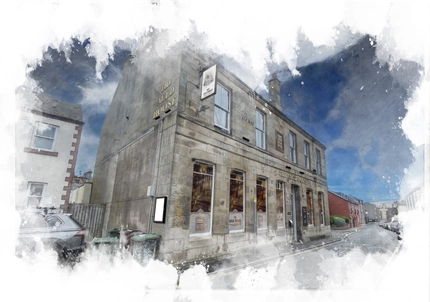An image of the exterior of the Auld Hoose, North Berwick, with a fancy watercolour effect overlay.