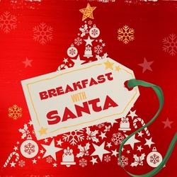 A Christmas banner promoting 'Breakfast With Santa' (Mobile) at Flaming Grill venues.