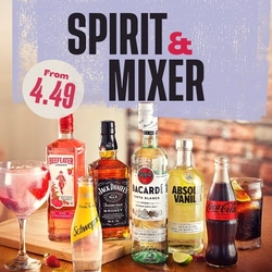 A banner promoting 'Spirit & Mixer' (ENG/SCOT) card collection from £4.49 at Flaming Grill venues.