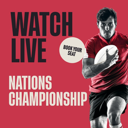 A banner with a red background featuring a rugby player and the wording "Watch Live - Nations Championship - Book Your Seat" to advertise a sporting event at Flaming Grill venues.