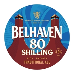 The circular logo for Belhaven 80 Shilling ale, on a white background.