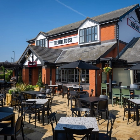 Exterior of the venue and the beer garden at the Mill House Cheshire.