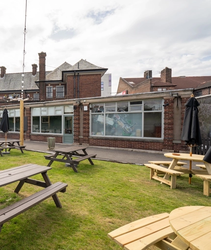 The exterior beer garden and seating area at the Black Horse.