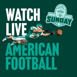 Promotional graphic for live American football featuring the text “Watch Live American Football” and “Watch Every Sunday” on a dark green background. An American football player in a green and white uniform dives forward to catch a football, with a helmet-themed logo displayed alongside the text.