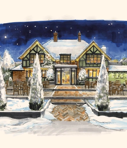 A 1920x1920px illustration of The Boat covered in snow with Merry Christmas underneath.