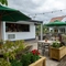 The exterior bar and beer garden seating area at The Kings Arms in Sandford-On-Thames, with wooden planter boxes, shade umbrellas on some of the tables, and string lights overhead.