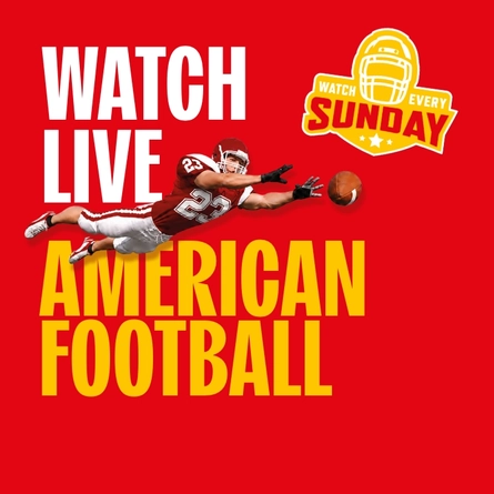 Promotional graphic for live American football featuring the text “Watch Live American Football” and “Watch Every Sunday” on a bright red background. An American football player in a red and white uniform dives forward to catch a football, with a helmet-themed logo displayed in the top corner.