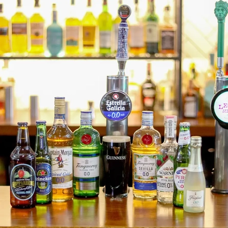 A selection of No Alcohol drinks on a bar