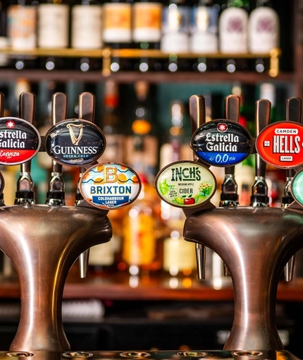 A selection of pump clips at the bar area at the Fitzrovia.
