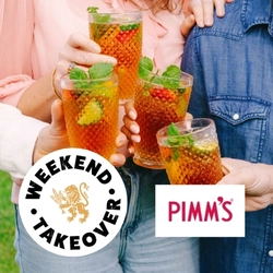 A banner featuring an image of four hands each holding a cocktail garnished with fruit and mint leaves. The circular Weekend Takeover white logo with a golden lion in the middle, and the red and white Pimm's logo sit at the bottom of the banner.