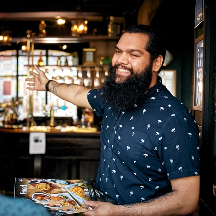 A man greeting people in a pub.