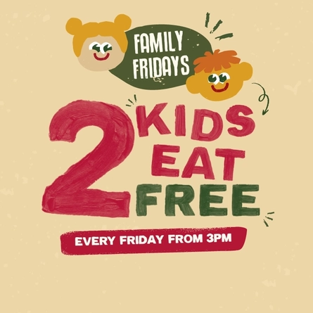 A banner featuring illustrations of two children and the words "Family Fridays, 2 Kids Eat Free, Every Friday from 3pm", promoting a 2 Kids Eat Free offer at Farmhouse Inn venues.