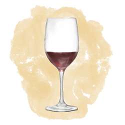 An illustration of a glass of red wine, advertising wine tasting.