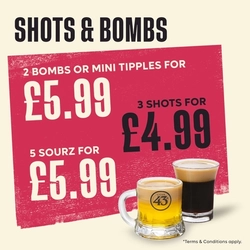 A graphic banner promoting drinks deals on shots and bombs at Flaming Grill venues.