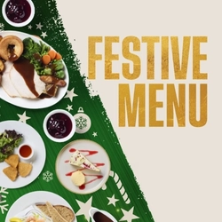 A Christmas banner promoting the 'Promo List Festive Menu' for Flaming Grill venues.