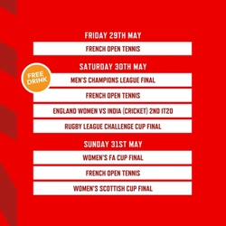 A banner displaying televised Sports events during May being shown at selected Greene King Sport and Hungry Horse venues.