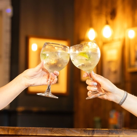 Two gin glasses being held in a celebratory cheers