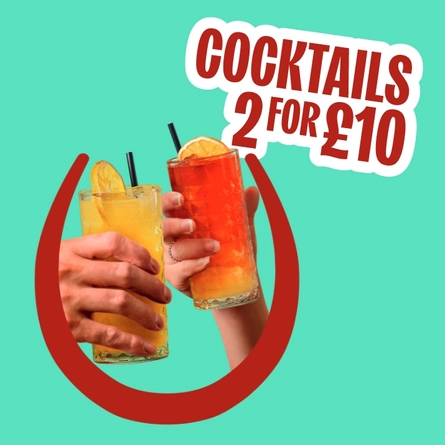 A banner promoting 2 Cocktails for £10 at Hungry Horse venues.