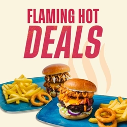 A banner showing 2 burger dishes with fries and onion rings to advertise Flaming Hot Deals at Flaming Grill venues.