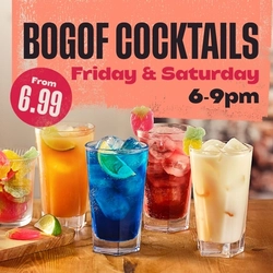 A banner promoting 'Bogof Cocktails' (ENG) Friday & Saturday 6-9pm from £6.99 at Flaming Grill venues.