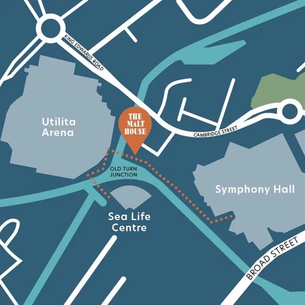 "A map of Birmingham showing the location of the Malt House.