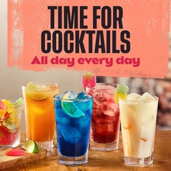 A banner promoting 'Time for Cocktails' (ENG/SCOT) all day every day at Flaming Grill venues.