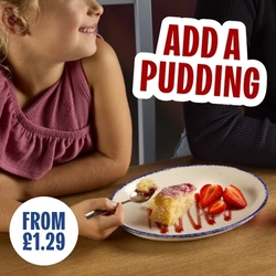 A graphic banner promoting 'add a pudding' at Hungry Horse venues.
