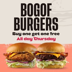A graphic promoting buy one get one free burgers at Flaming Grill.