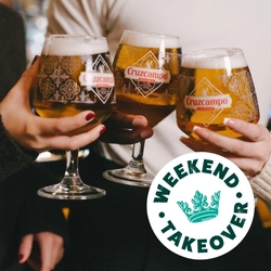 A banner of two pints of Cruzcampo in a cheers position with a 'Weekend takeover' logo for Greene King Pubs.