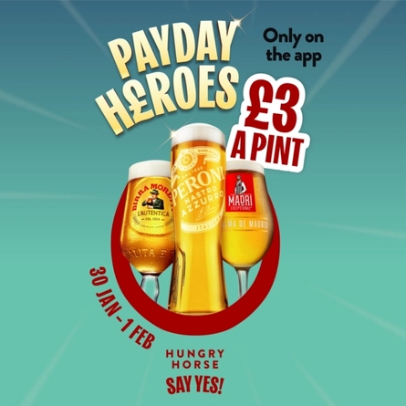 A banner promoting World Lagers at £3 per Pint from Jan 30th to 1st Feb at Hungry Horse venues.