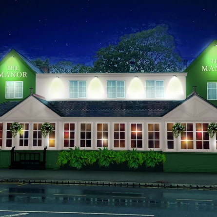 A view of the outside of the Manor, Toton taken from across the road in the evening.