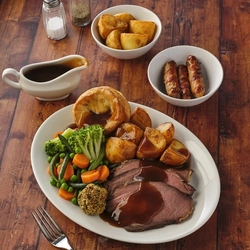 A traditional beef Sunday roast dinner served at Flaming Grill.