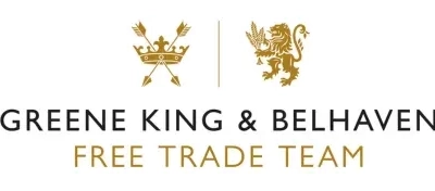 A graphic banner that says 'Greene King & Belhaven Free Trade Team' in black and gold writing with the Greene King logo and Belhaven logo above.'