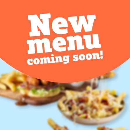 A banner showing the words "New menu coming soon!" in white text on an orange oval shape, above a blurred image of food.