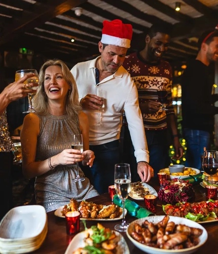 Friends enjoying a festive buffet together