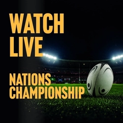 A banner with a beige stripe background featuring a rugby player and the wording "Watch Live - Nations Championship - Book Your Seat" to advertise a sporting event at Community Social venues.