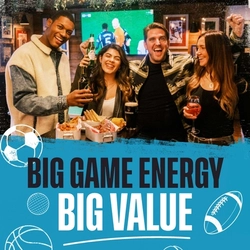 A graphic banner promoting sports 'Big game energy big value' at Flaming Grill venues.