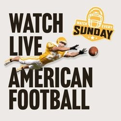 Promotional graphic for live American football featuring the text “Watch Live American Football” and “Watch Every Sunday” on a light grey background. An American football player in a yellow and white uniform dives forward to catch a football, with a helmet-themed logo displayed above.