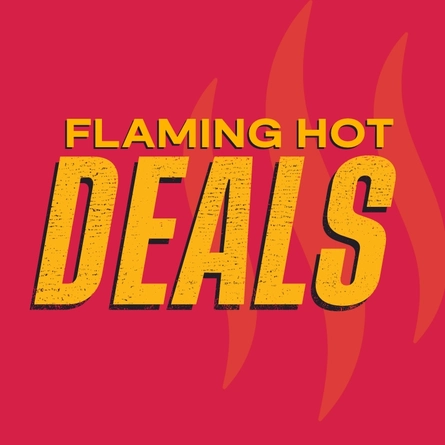 A graphic banner promoting deals at Flaming Grill venues 'Flaming hot deals.'