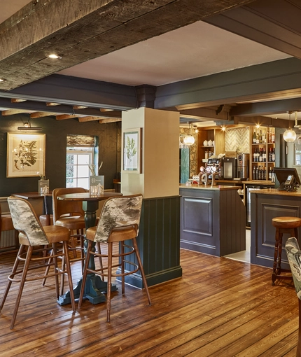 The bar and interior restaurant seating area at The Fox & Hounds in Wimborne.
