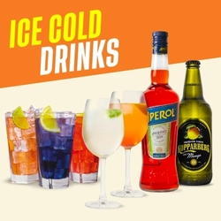 A graphic banner promoting summer drinks at Flaming Grill venues, there is a line up of different drinks including cocktails, Kopparberg and Aperol and text that says 'Ice cold drinks.'