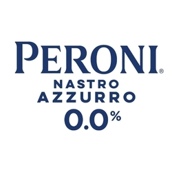 The dark blue logo for Peroni Nastro Azzurro 0.0%, on a white background.