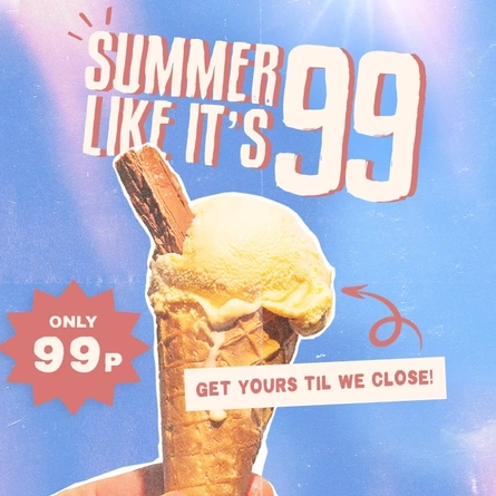 Ice cream served in a cone with a chocolate flake.