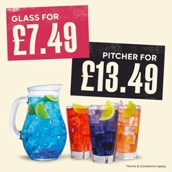 A graphic banner promoting cocktails in Scottish Flaming Grill venues 'glass for £7.49 pitcher for £13.49.'