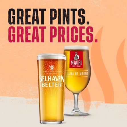 A advertisment image with two pints of beer, one a Madri and the other a Belhaven Belter with text reading 'great pints, great prices.' At Scotland Flaming Grill venues.