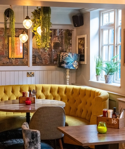 Interior dining area of a pub.