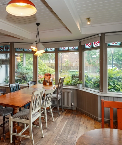 Interior dining area of a pub.